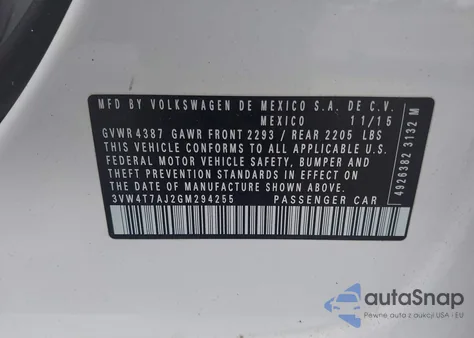 2016 Volkswagen Jetta 2.0T Gli Se z USA, uszkodzony, nr VIN 3VW4T7AJ2GM294255